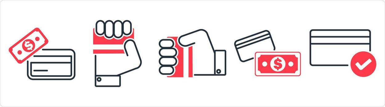 A set of 5 business icons as payment method, card in hand in red line color vector