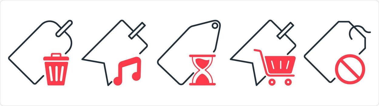 A set of 5 business icons as remove tag, music tag, shopping on time in red line color vector