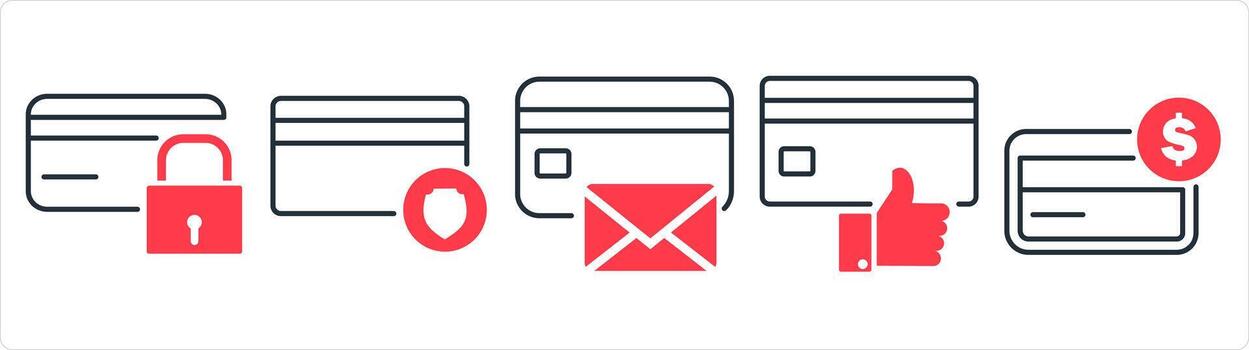 A set of 5 business icons as card security, card message, like card in red line color vector