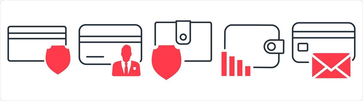 A set of 5 business icons as card security, card owner, money security in red line color vector