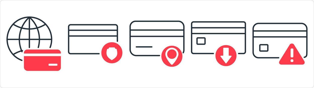 A set of 5 business icons as global card, card security, card location in red line color vector