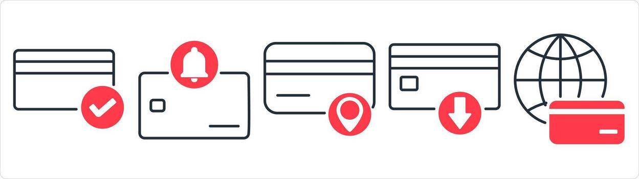 A set of 5 business icons as aprroved card, card notification, card location in red line color vector
