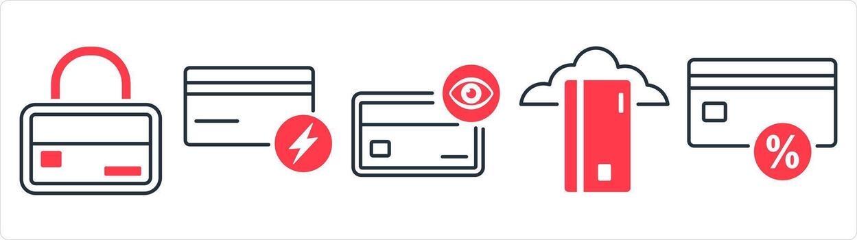 A set of 5 business icons as card security, fast card, view card in red line color vector