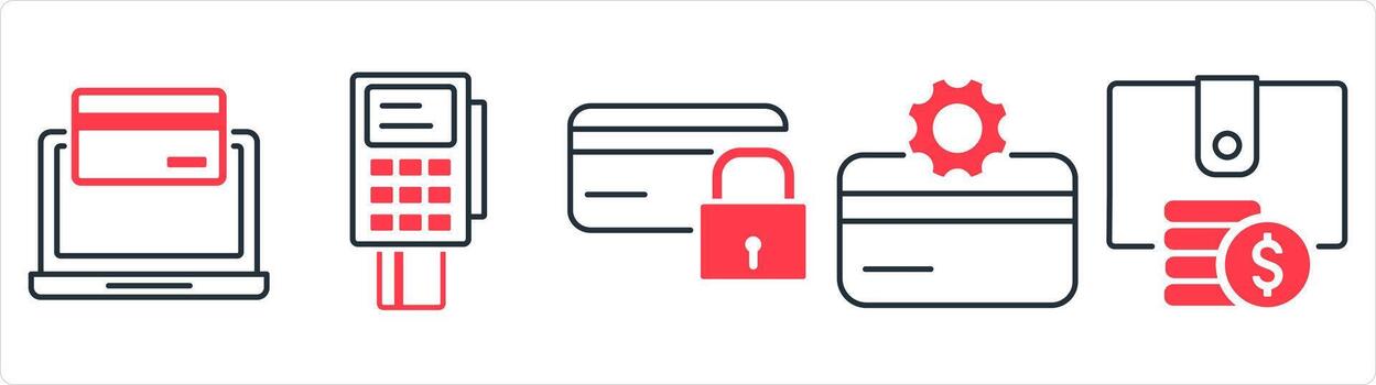 A set of 5 business icons as online payment, card swipe machine, card security in red line color vector