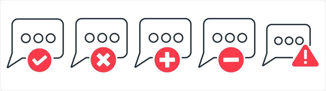 A set of 5 business icons as approved message, delete message, add message in red line color vector