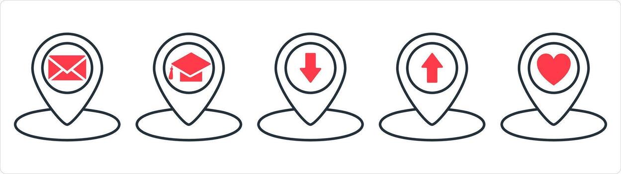 A set of 5 business icons as message location, university location, pin in red line color vector