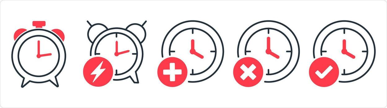 A set of 5 business icons as alarm, fast time, add time in red line color vector