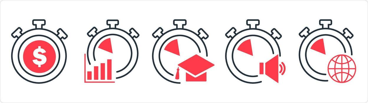 A set of 5 business icons as time is money, business management, study time in red line color vector