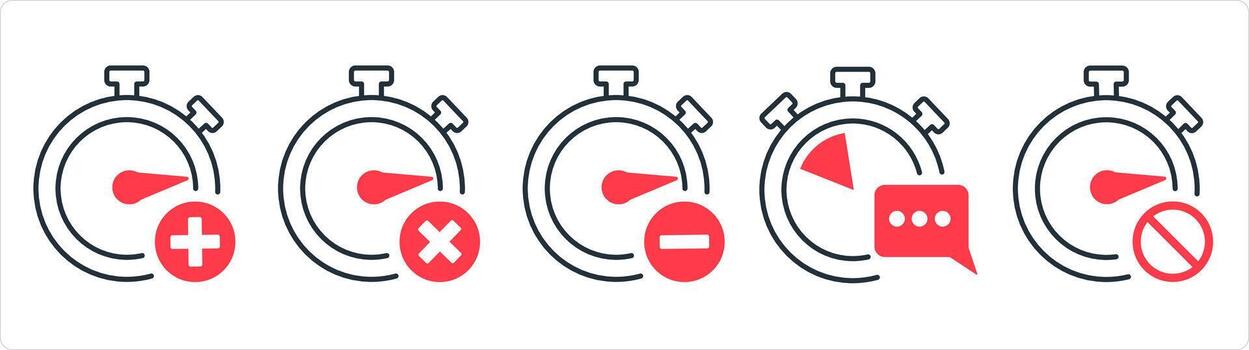 A set of 5 business icons as add time, wrong time, remove time in red line color vector
