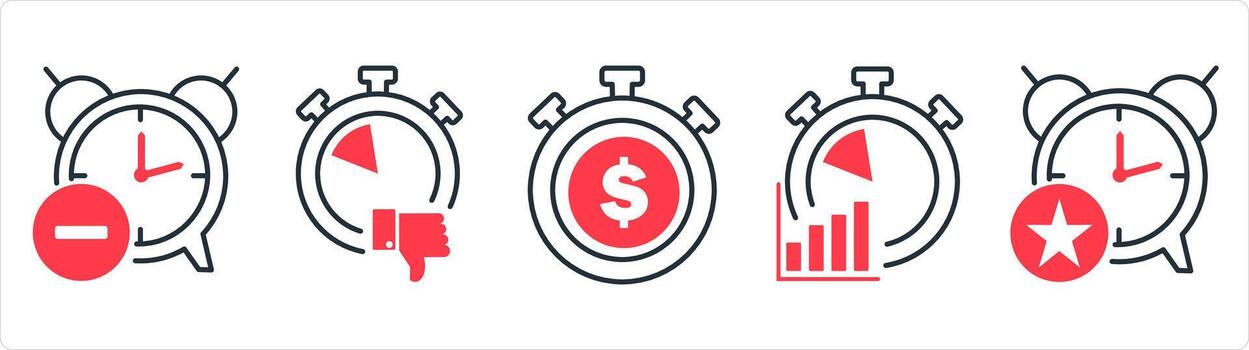 A set of 5 business icons as reduce time, like time, time is money in red line color vector
