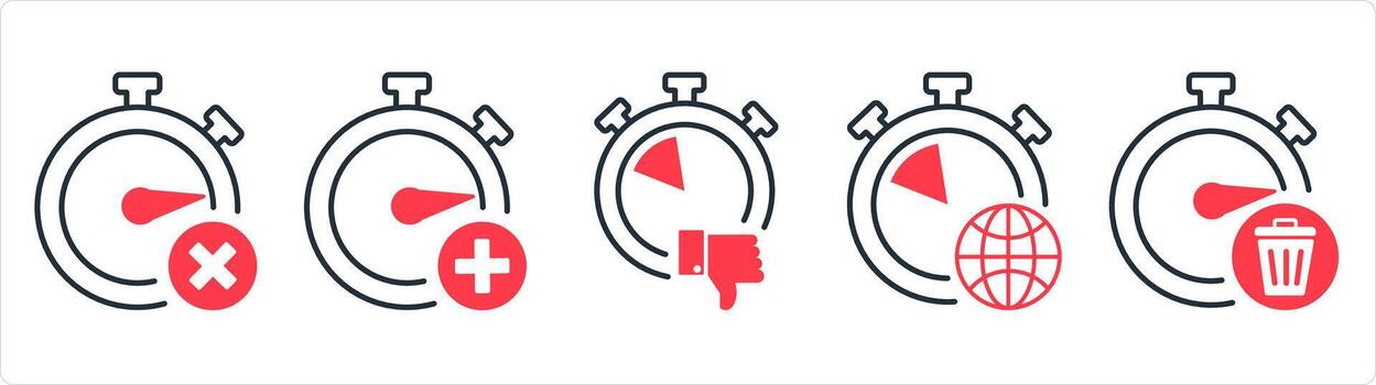 A set of 5 business icons as wrong time, add time, like time in red line color vector