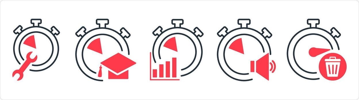 A set of 5 business icons as time settings, study time, business management in red line color vector
