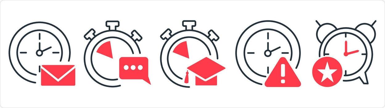 A set of 5 business icons as message on time, message time, study time in red line color vector