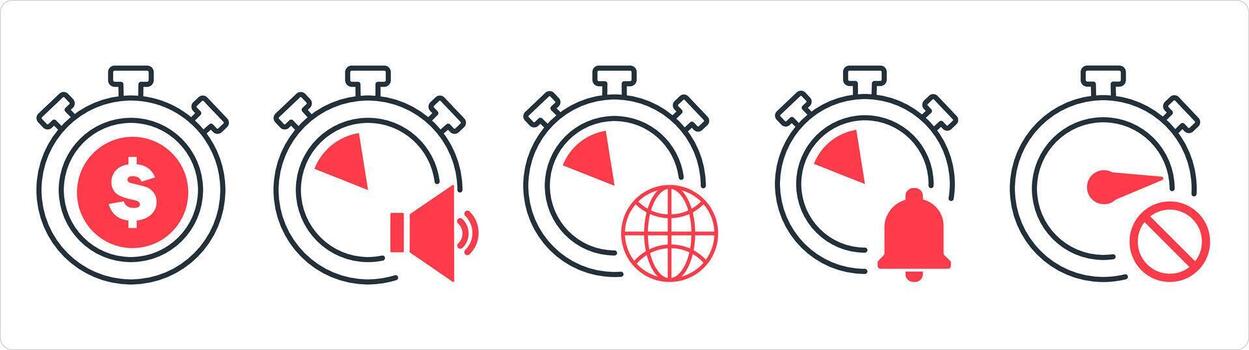 A set of 5 business icons as time is money, speaker time, global time in red line color vector