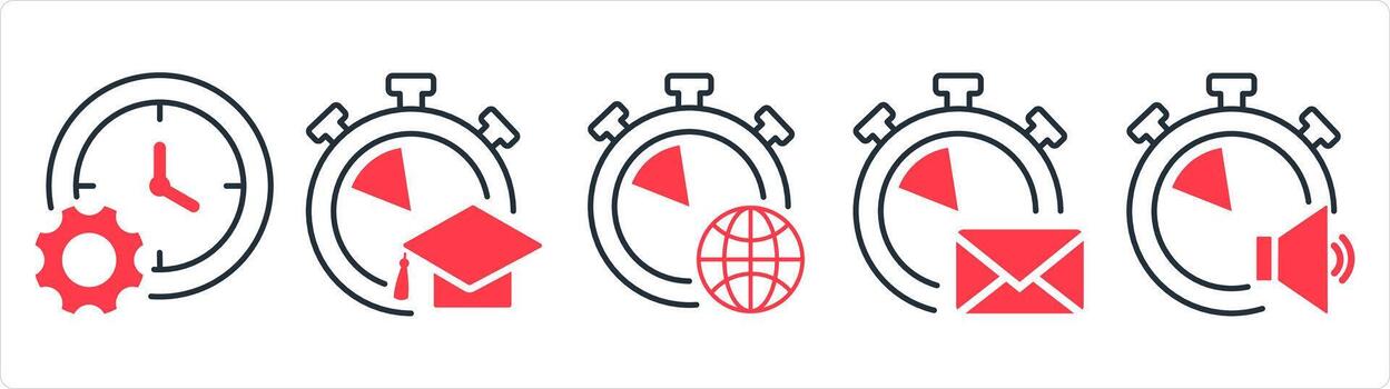 A set of 5 business icons as time management, study time, global time in red line color vector