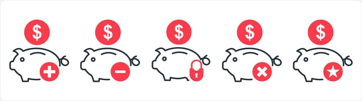 A set of 5 business icons as add savings, remove savings, bank security in red line color vector