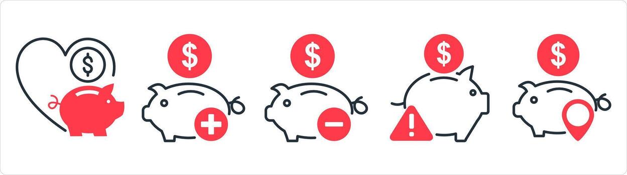 A set of 5 business icons as favorite bank, add savings, remove savings in red line color vector