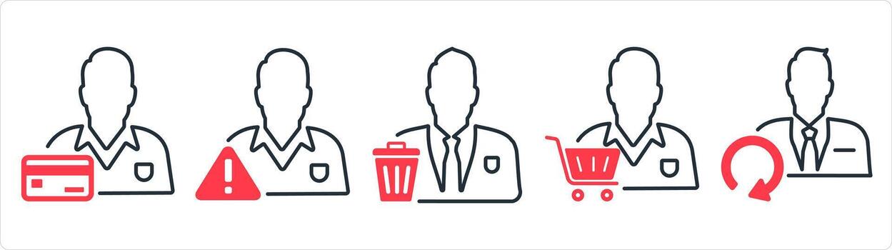 A set of 5 business icons as card owner, account maintenance, remove user in red line color vector