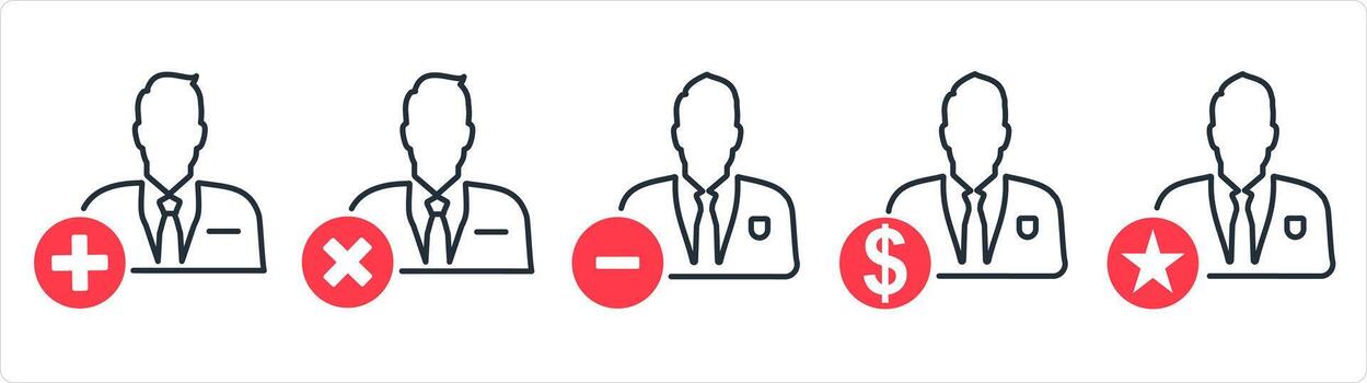 A set of 5 business icons as add user, wrong user, remove user in red line color vector