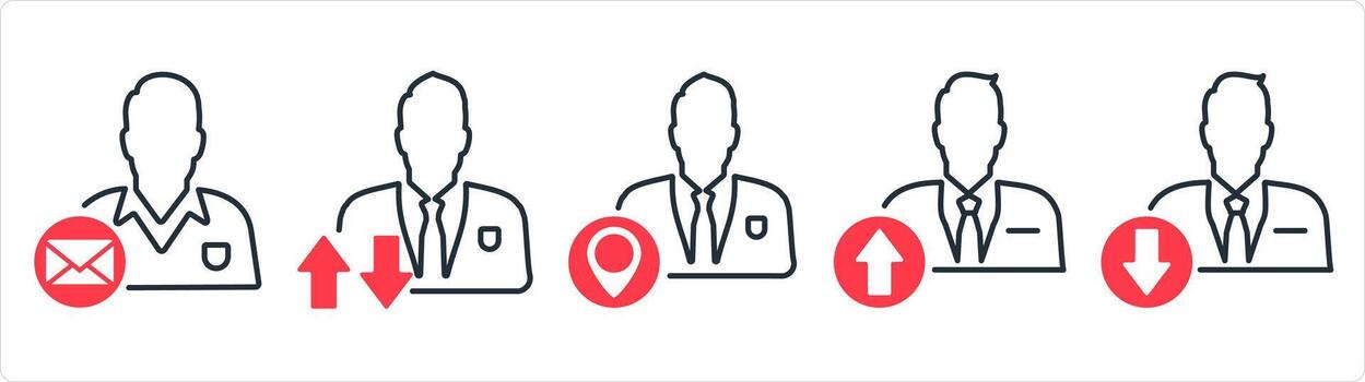 A set of 5 business icons as business message, synchronization profile, business location in red line color vector