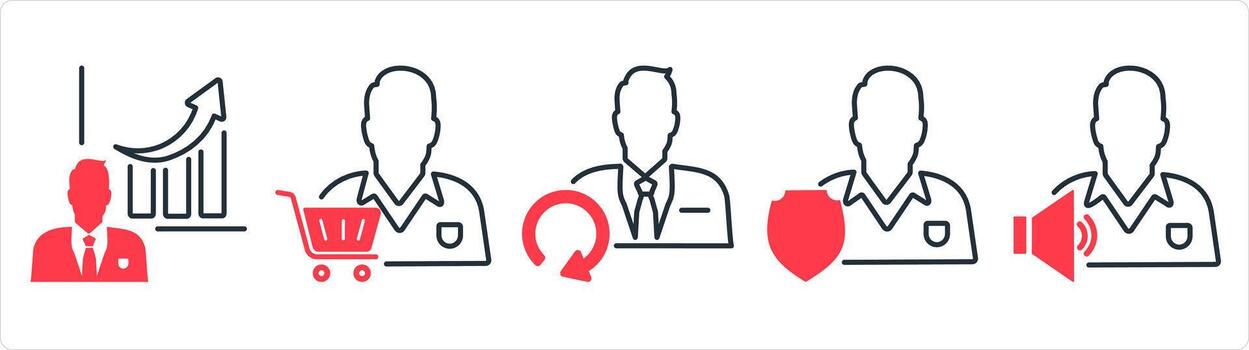 A set of 5 business icons as business growth, store owner, update user in red line color vector