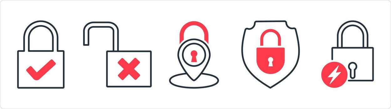 un conjunto de 5 5 negocio íconos como cerrar con llave, ubicación seguridad, bloquear seguridad en rojo línea color vector