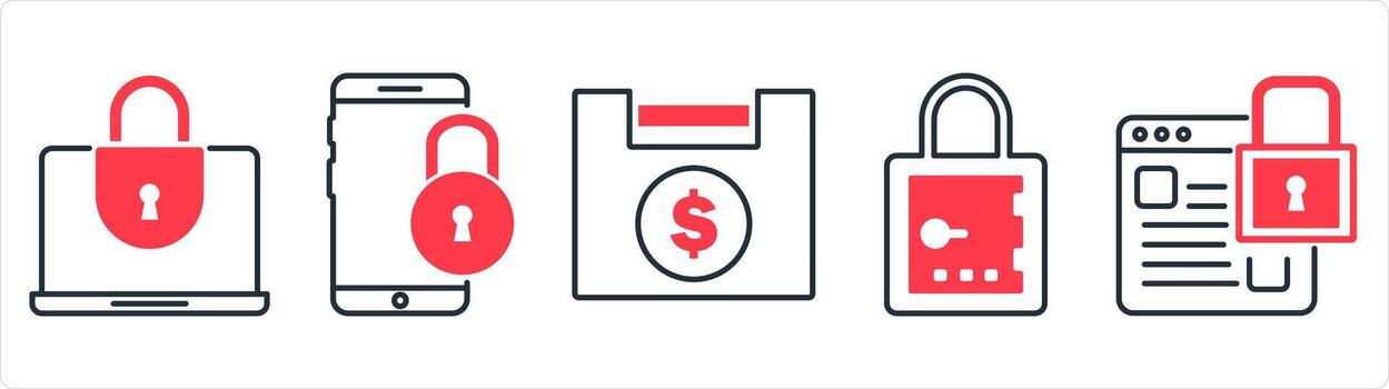 A set of 5 business icons as laptop security, mobile security, financial lock in red line color vector