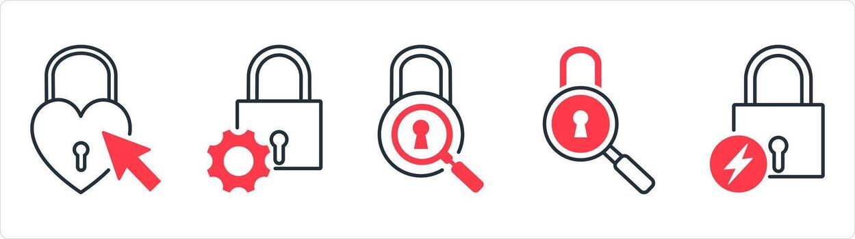 un conjunto de 5 5 negocio íconos como corazón, bloquear configuración, bloquear buscar en rojo línea color vector