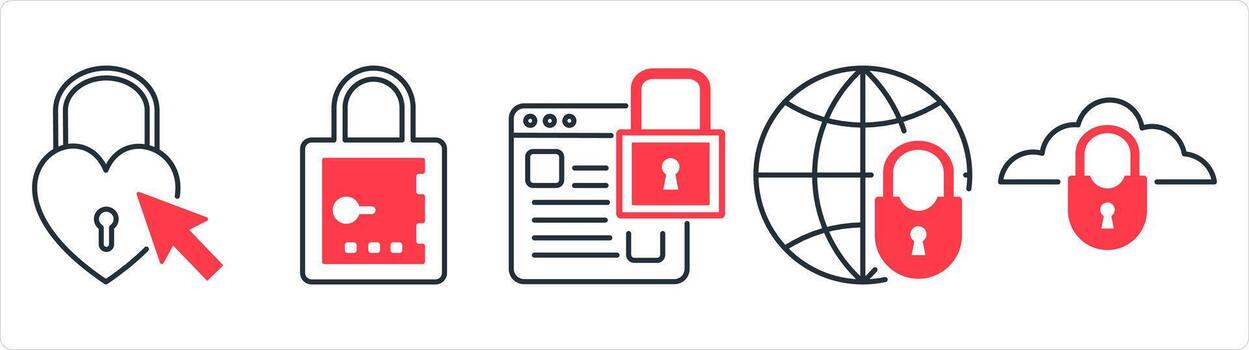 A set of 5 business icons as heart, lock, webpage security in red line color vector