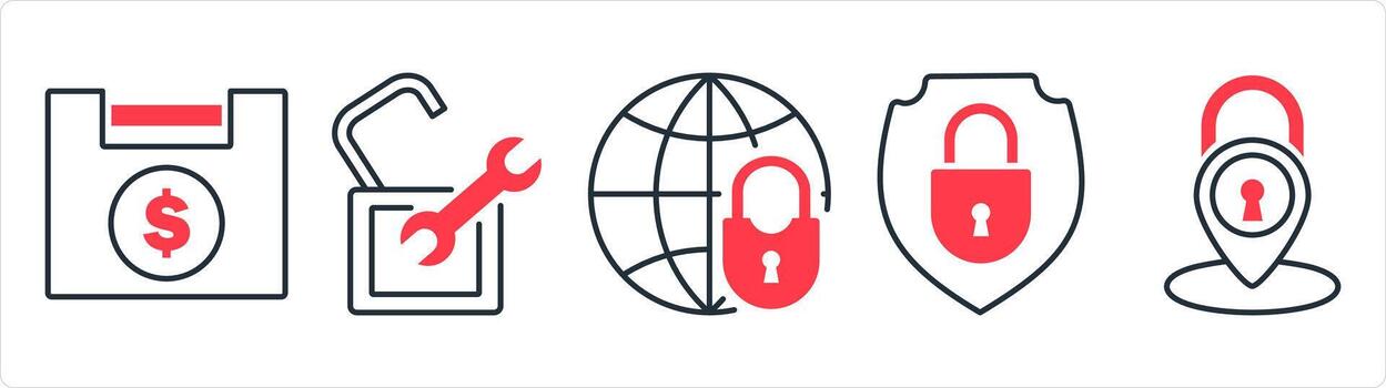 un conjunto de 5 5 negocio íconos como financiero cerrar con llave, ajustes, global seguridad en rojo línea color vector