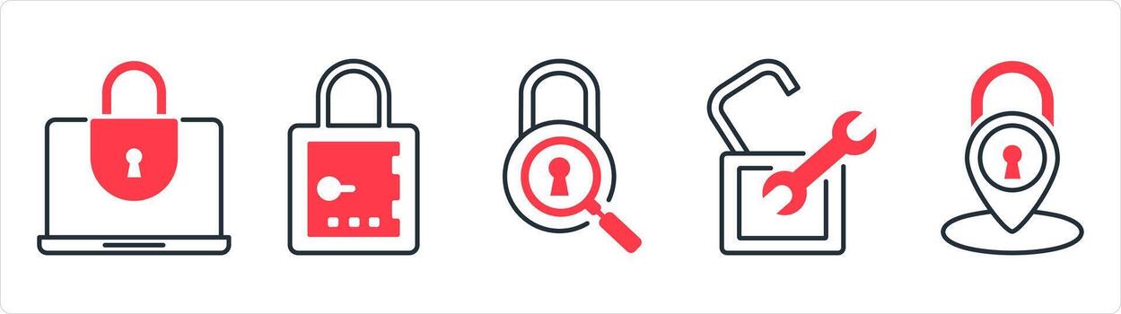 A set of 5 business icons as laptop security, lock, lock search in red line color vector
