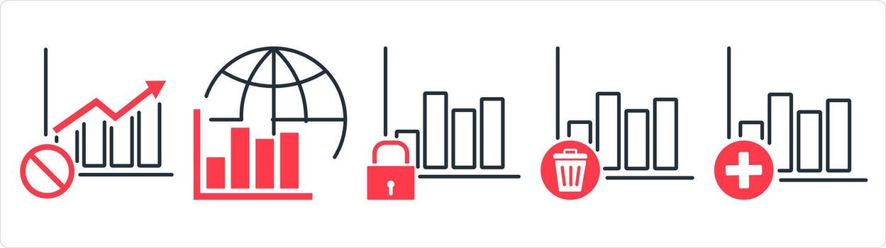 A set of 5 business icons as graph prohibited, global graph, growth security in red line color vector
