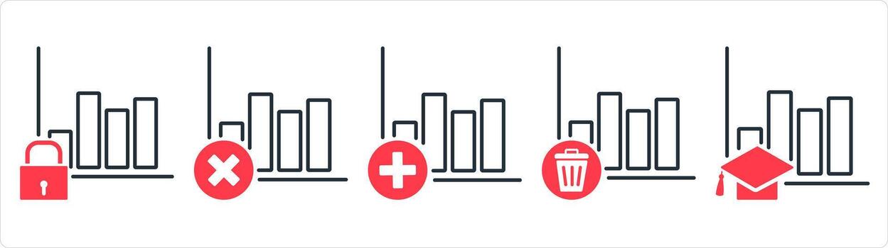 A set of 5 business icons as growth security, wrong growth, add graph in red line color vector