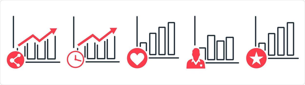 A set of 5 business icons as share growth, growth time, favorite graph in red line color vector