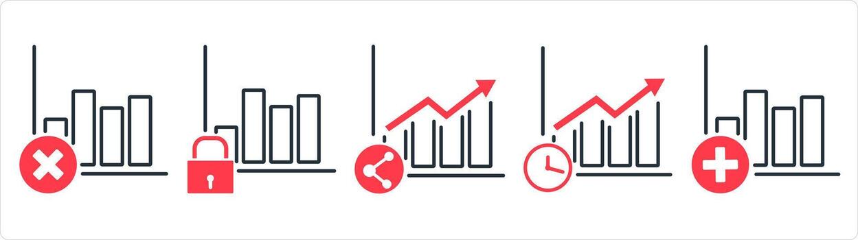 A set of 5 business icons as wrong growth, growth security, share growth in red line color vector