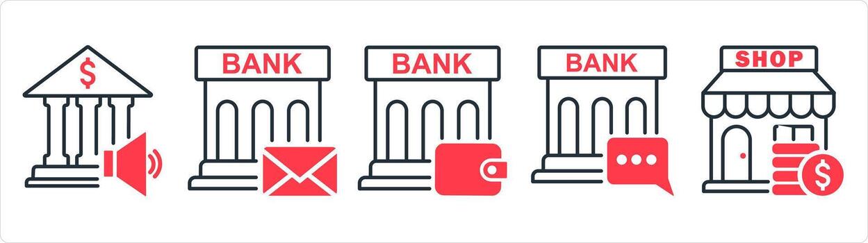 A set of 5 business icons as bank speaker, bank message, bank wallet in red line color vector