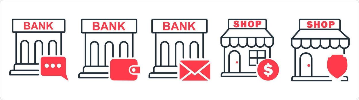 A set of 5 business icons as bank message, bank wallet, revenue store in red line color vector