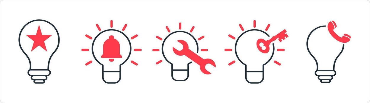 A set of 5 business icons as creative idea, idea notification, fix idea in red line color vector