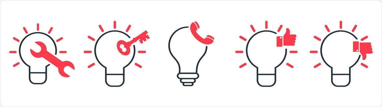 A set of 5 business icons as fix idea, key point, calling idea in red line color vector