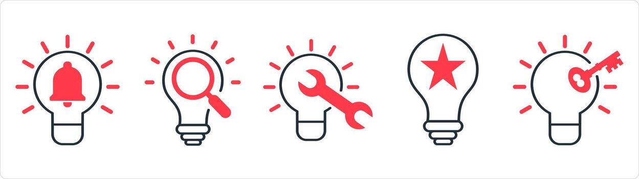 A set of 5 business icons as idea notification, search idea, fix idea in red line color vector