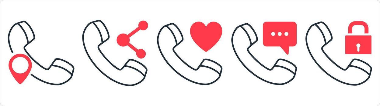 A set of 5 contact icons as call location, share call, favorite call in red line color vector