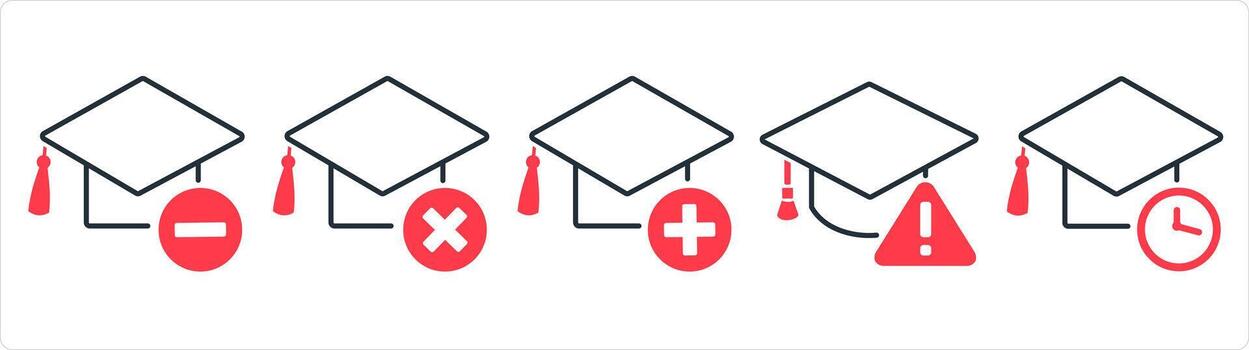 A set of 5 contact icons as remove degree, wrong degree, add degree in red line color vector
