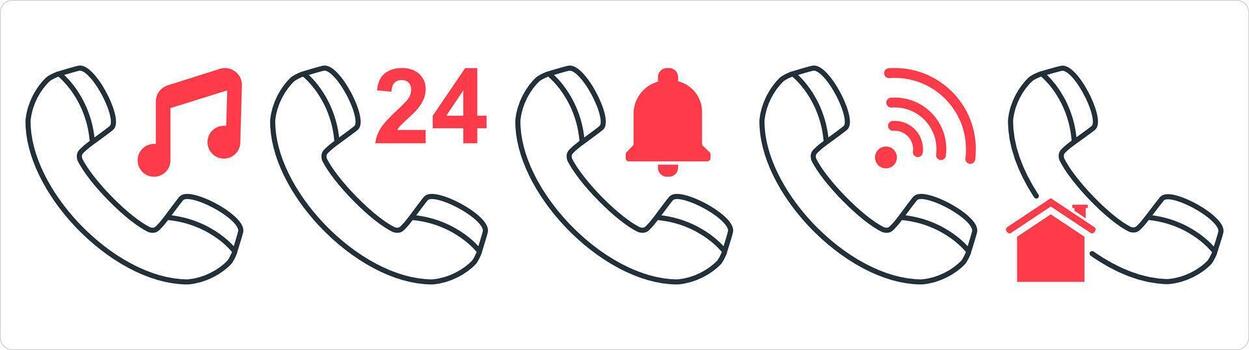 A set of 5 contact icons as music call, 24x7 call, call notificatio in red line color vector