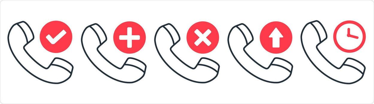 A set of 5 contact icons as right call, add call, remove call in red line color vector