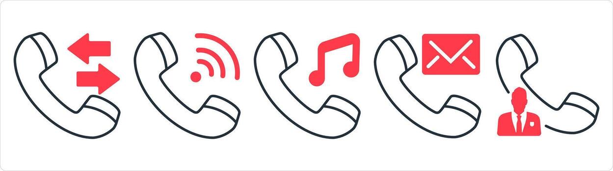 A set of 5 contact icons as synchronize call, wifi call, music call in red line color vector