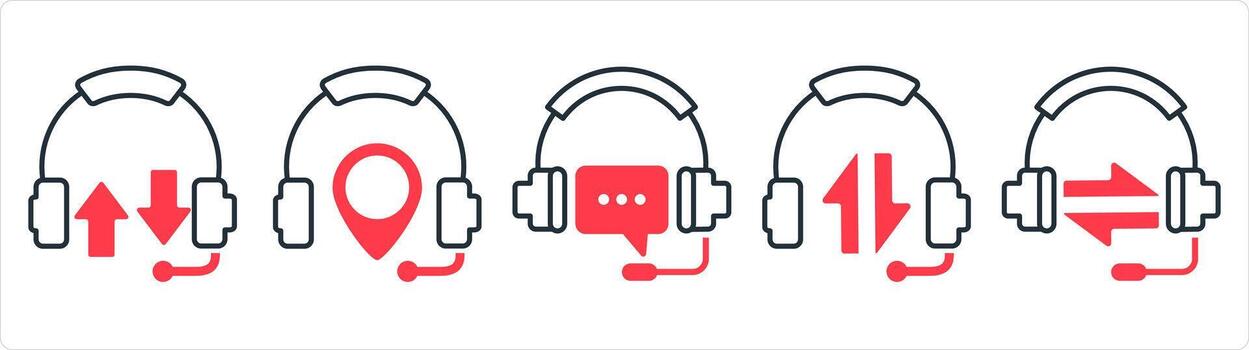 A set of 5 contact icons as synchronize headphone, headphone location, headphone message in red line color vector