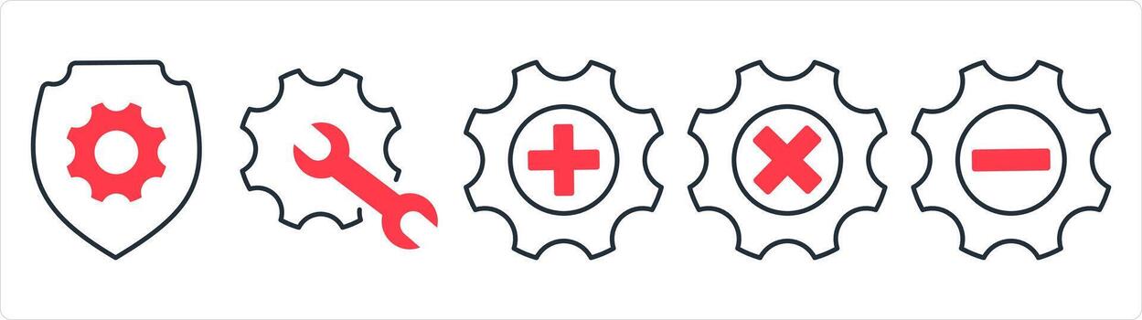 A set of 5 contact icons as setting security, repair, settings in red line color vector