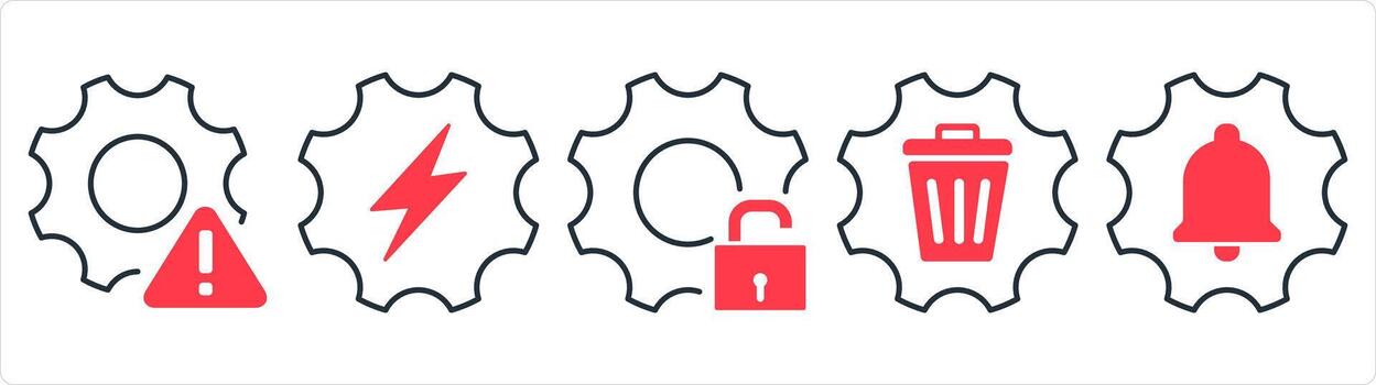 A set of 5 contact icons as setting maintenance, setting, setting protection in red line color vector