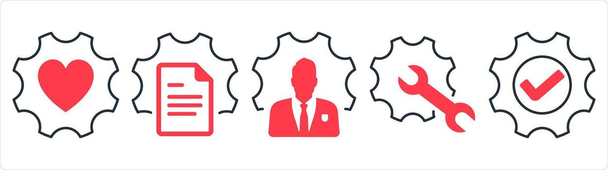 A set of 5 contact icons as favorite setting, page setting, business management in red line color vector