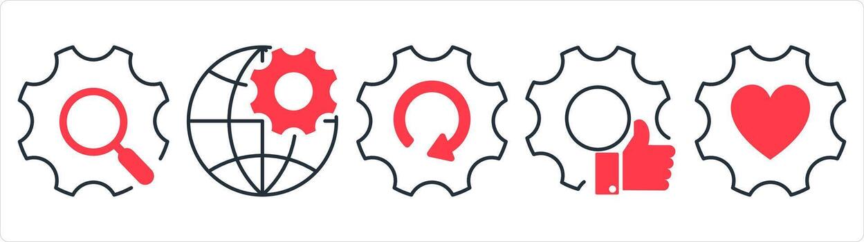 A set of 5 contact icons as setting search, global setting, like settings in red line color vector